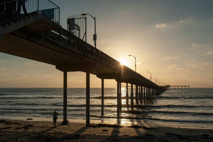 Brown wooden dock extending into the Pacific Ocean at Ocean Beach. Photo by Greg Bulla on Unsplash.